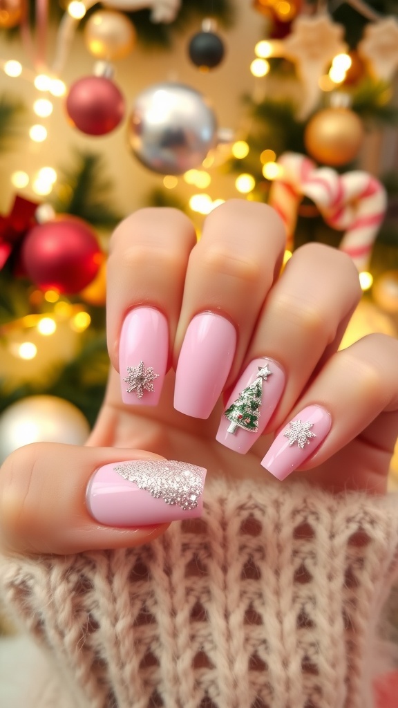 Festive pink Christmas nails with glitter and holiday designs on a cozy holiday backdrop.